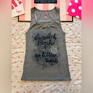 VS PINK VINTAGE Y2K RIBBED TANK TOP GRAY “SO MUCH PINK SO LITTLE TIME” RARE HTF